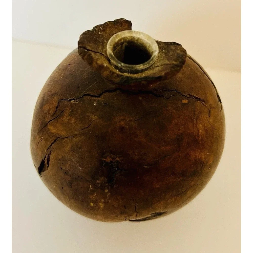 Vtg Hand Turned Burl Wood Bud Vase MCM Unique Brutalist Sculpture
